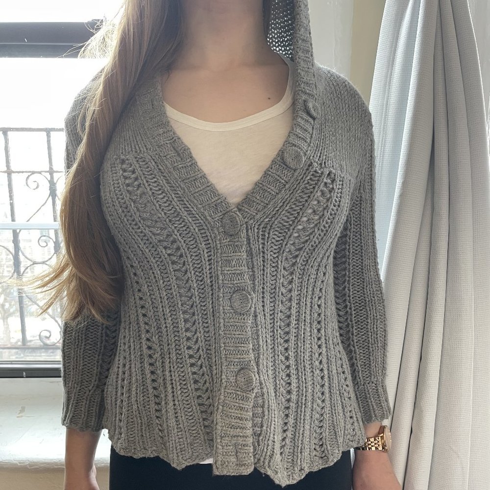 Cozy gray cable knit cardigan with hood